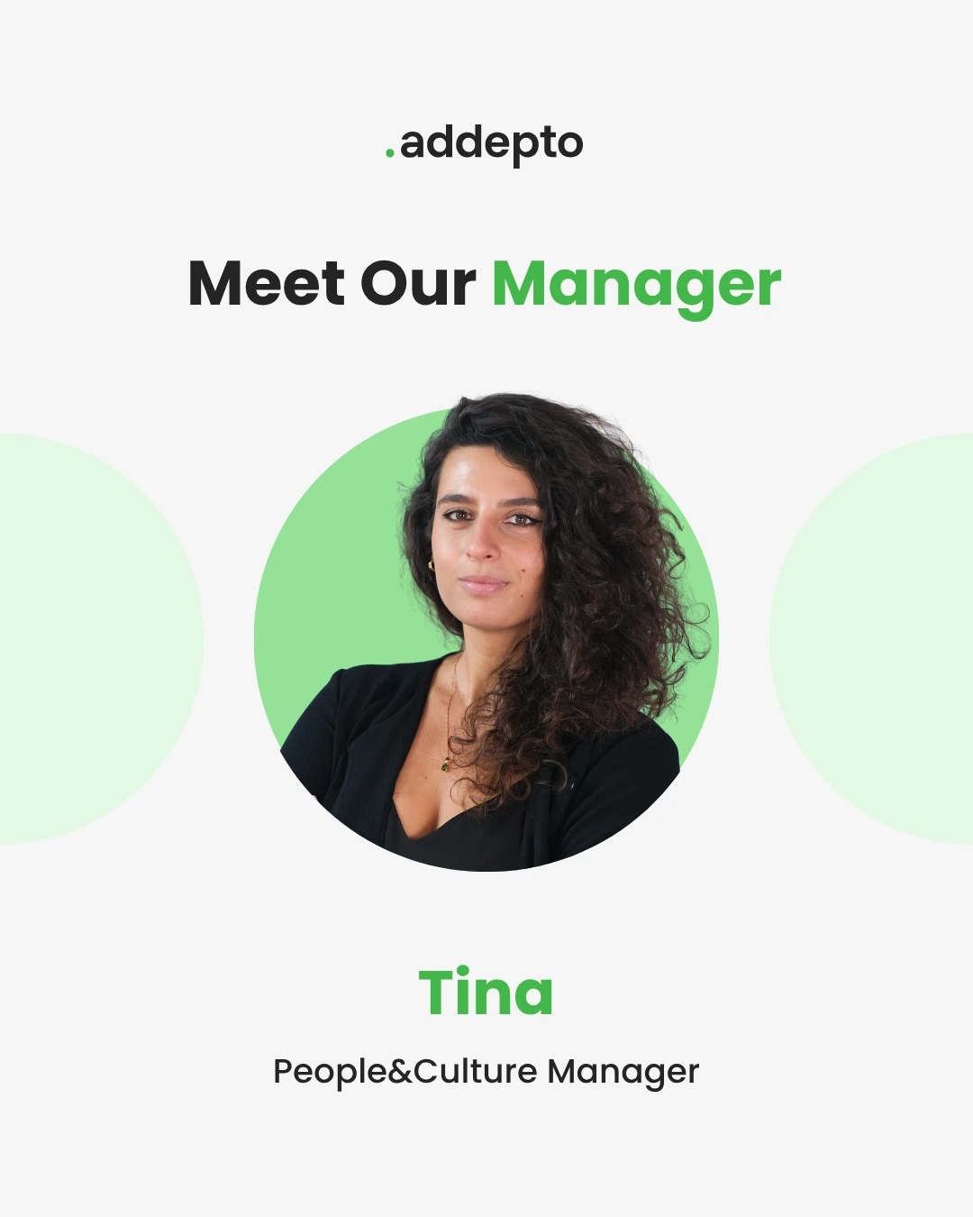 Corporate graphic with the text “Meet Our Manager” and a portrait of a woman labeled “Tina, People & Culture Manager” from Addepto